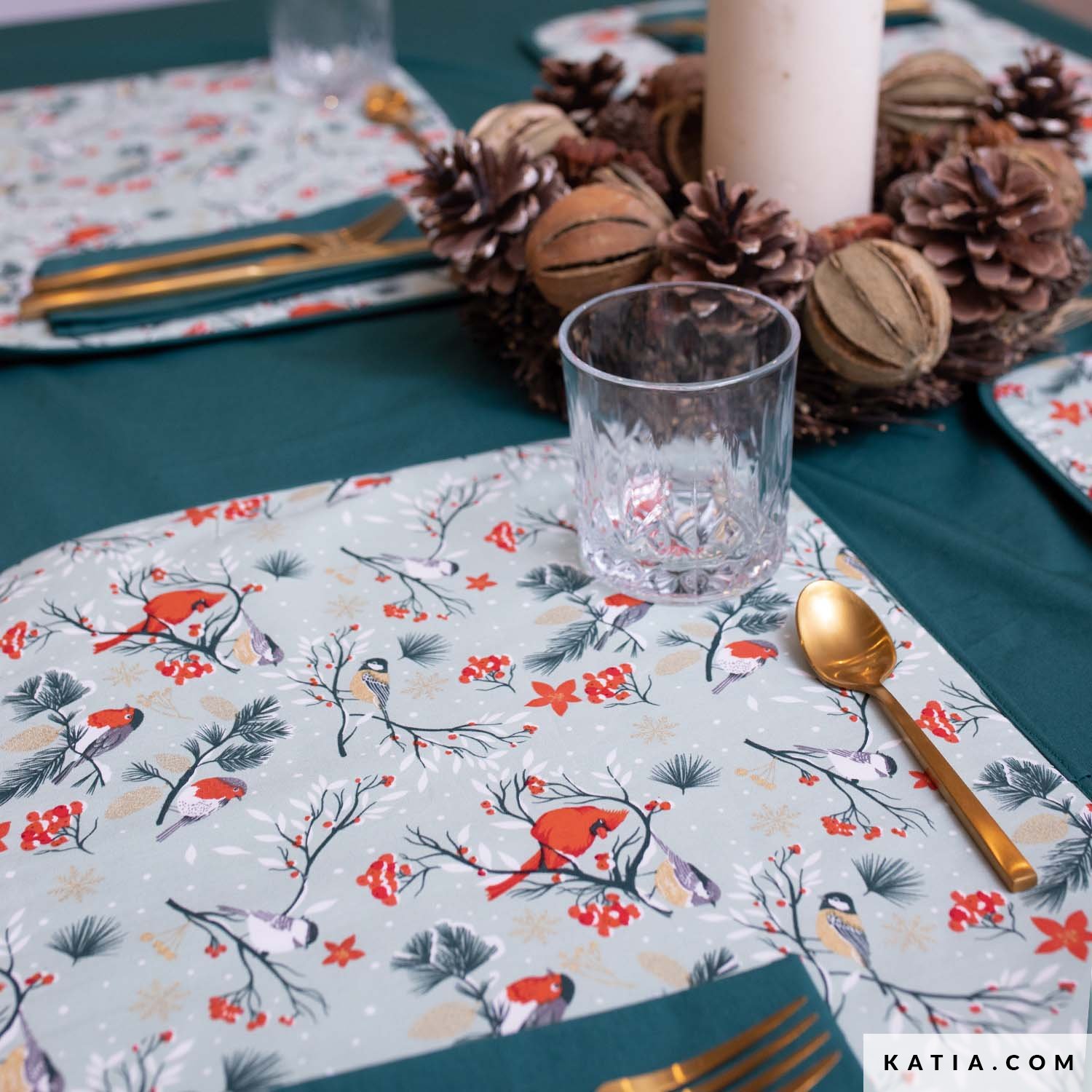 Xmas Birds Poplin Cotton Fabric Autumn Winter Katia